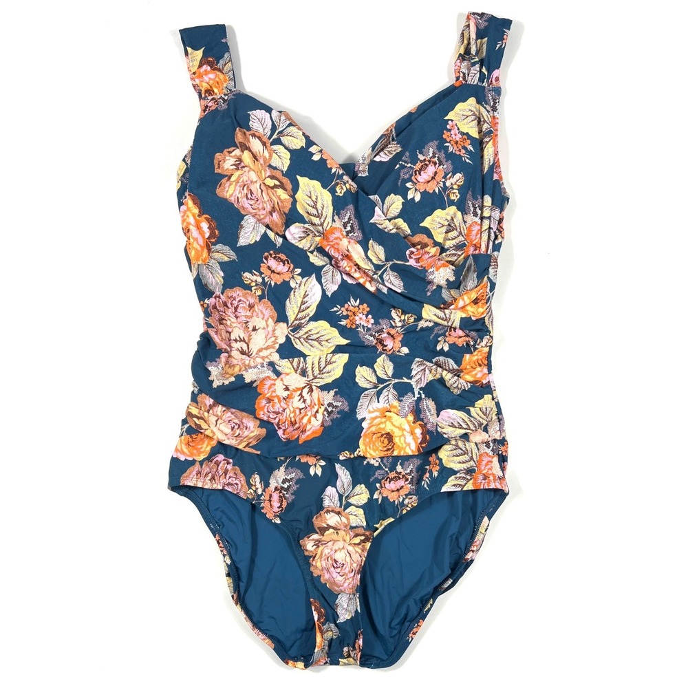 Jantzen Tapestry Rose One Piece 12 Teal Floral Tummy Control Retro Beach Swim